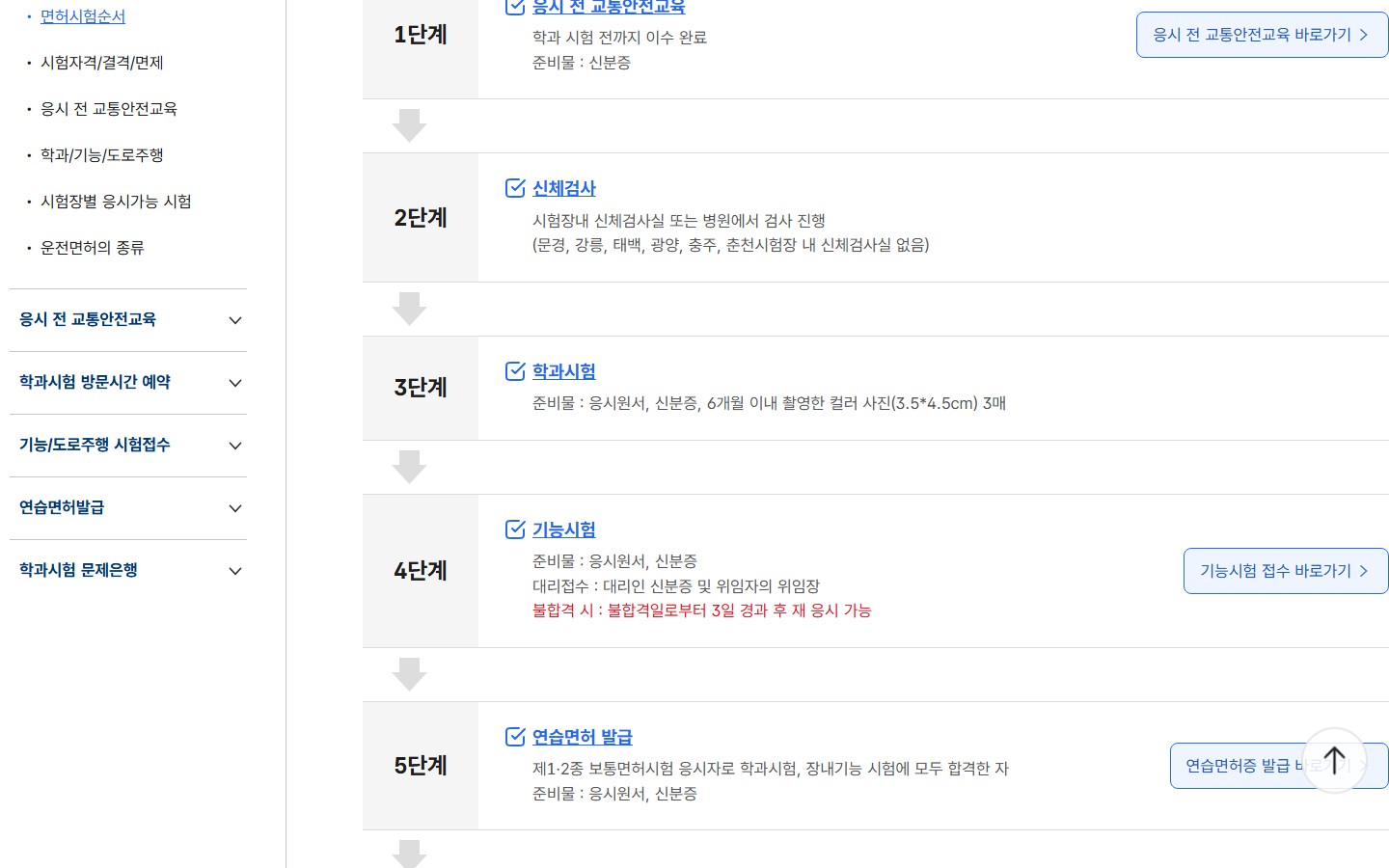 한국도로교통공단 면허시험순서의 응시 전 교통안전교육 1단계 안내 화면